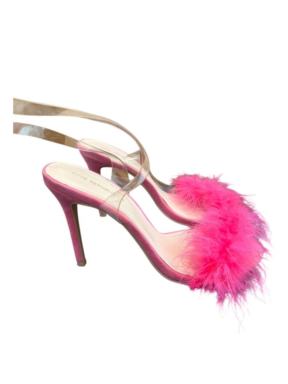 Shoe Republic LA Pink Feather High Heels With Clear Ankle Strap 4" Stiletto Size